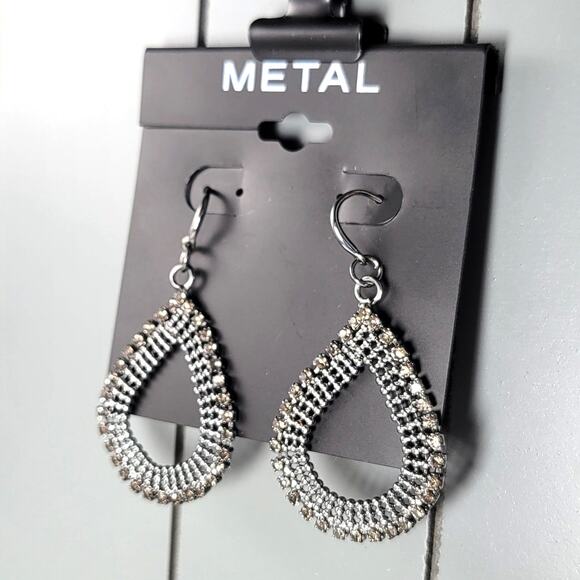 Elegant Metal Teardrop Dangle Earrings, Clear Smoky Faux Crystals New Trendy - Picture 6 of 6